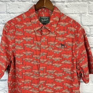 Woolrich Men's Fish Pattern Button Up Short Sleeve Outdoor‎ Shirt Dog Logo Large